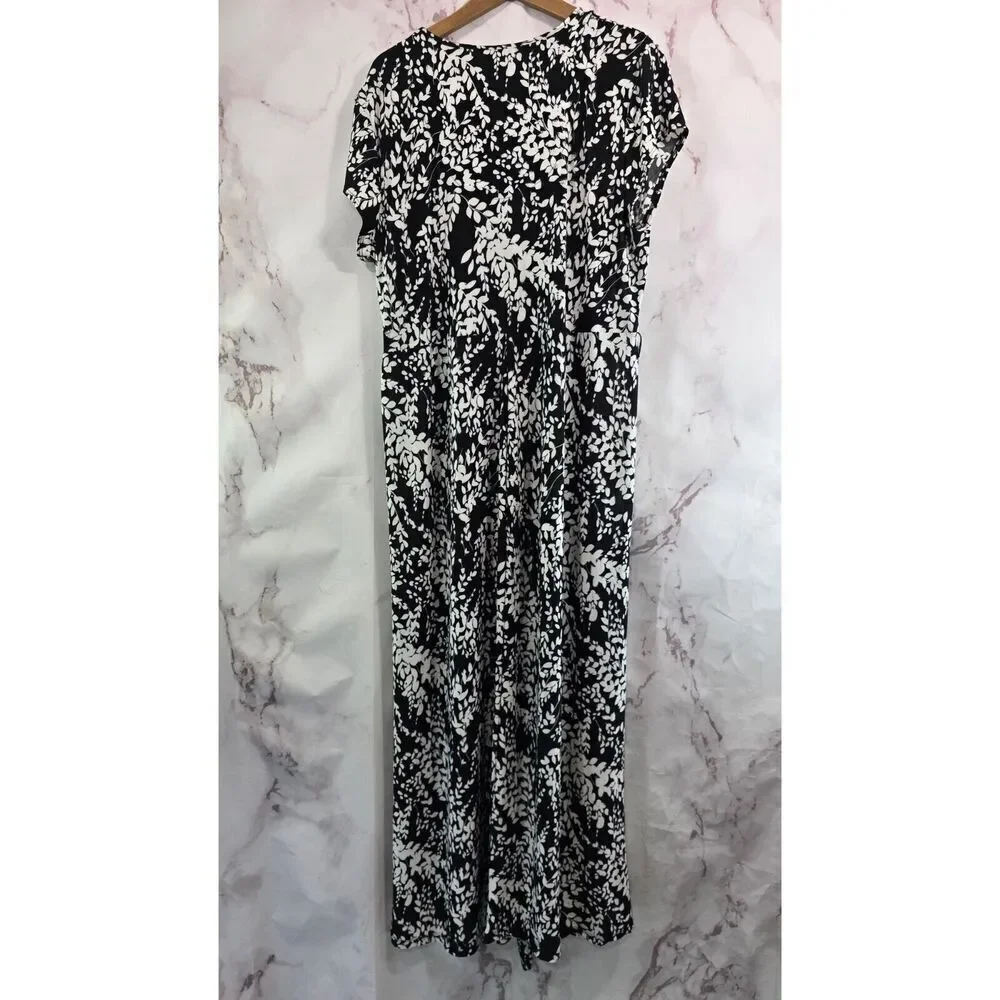 Cocomo Dress Womens 1X Black White Maxi Long V Neck Stretchy Knit Botanical - Picture 5 of 10